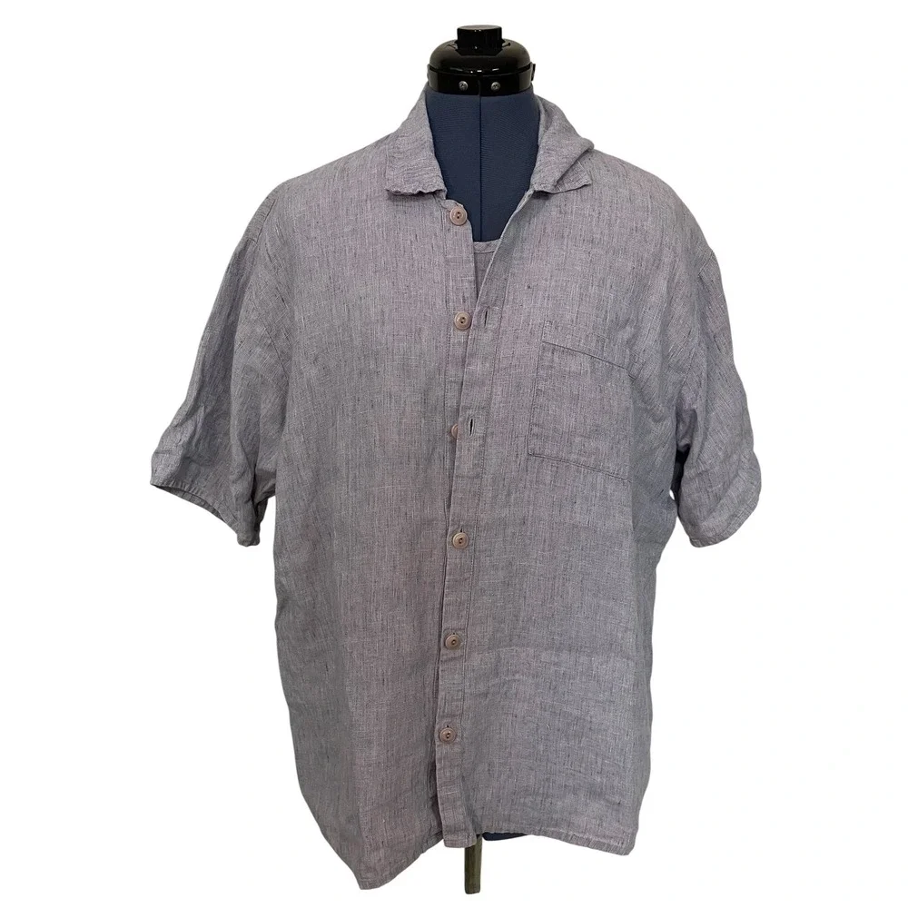 FLAX Jeanne Engelhart 3 Pc Blue 100% Linen Set Shirt Top Barrel Crop Pants S